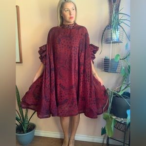 Dark Red & Blue Ruffle Sleeve Layered Beaded High Neck Cocktail Dress Free Size